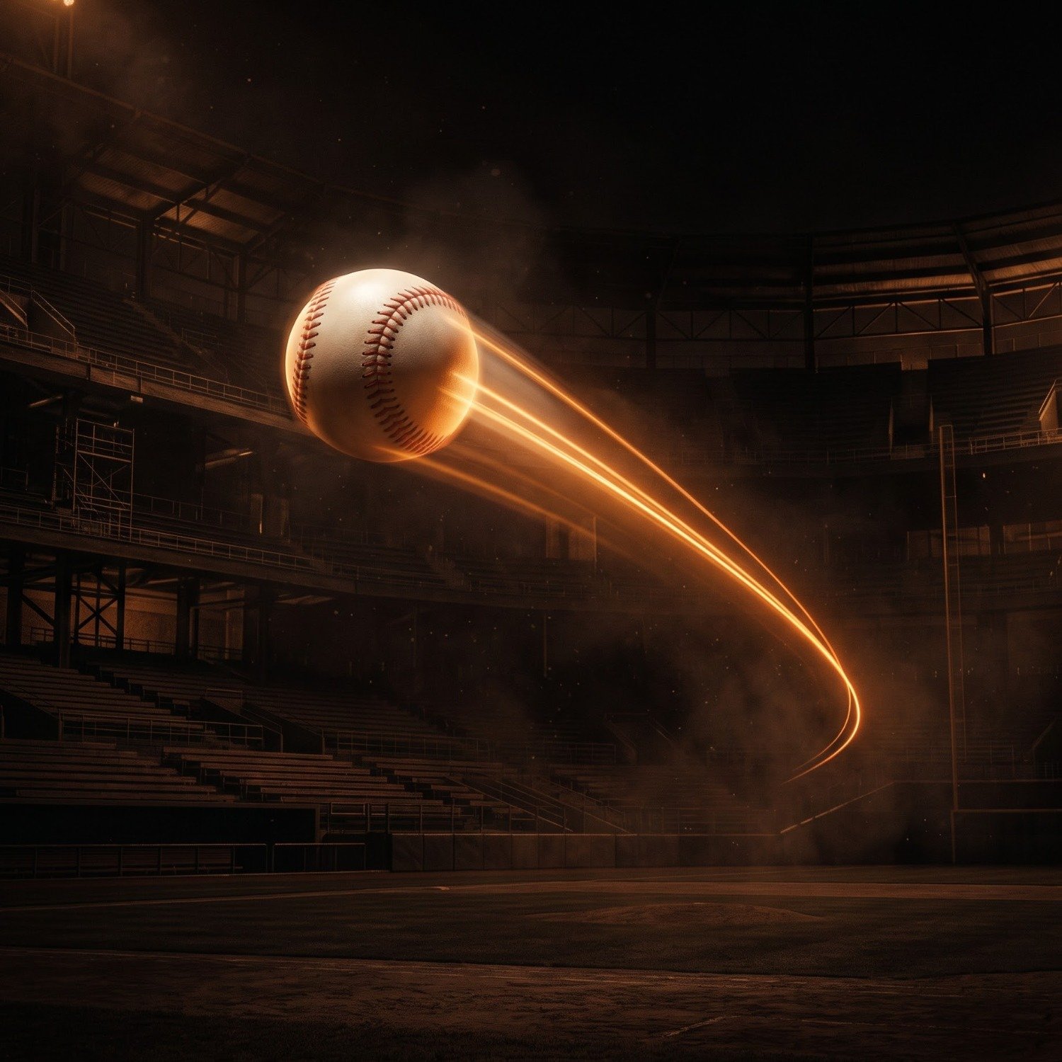 Floodlit baseball diamond with a pitched ball in motion