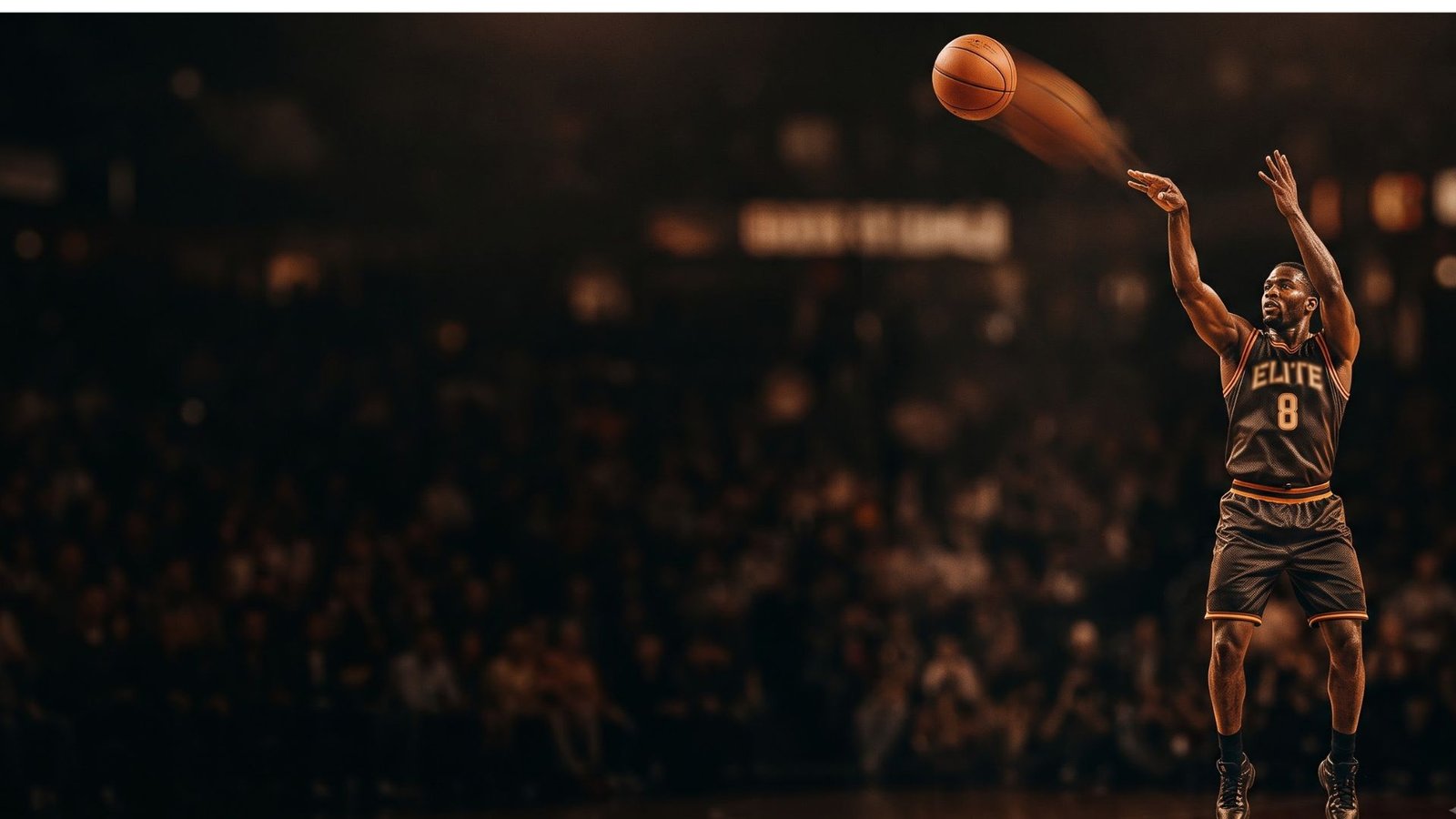 Indoor basketball arena with a spotlit court and glowing ball