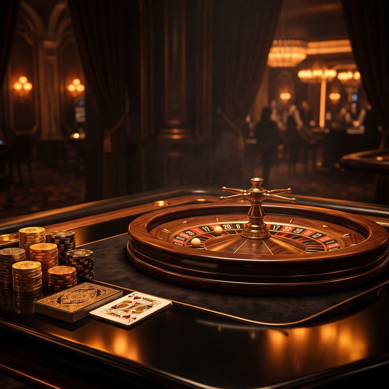 Luxury live casino table with chips, cards and warm gold lighting