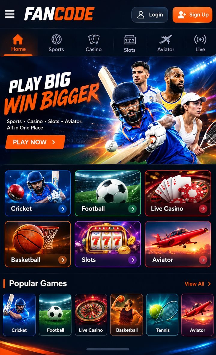 FANCODE.BET mobile home screen with cricket, football, live casino, basketball, slots and Aviator