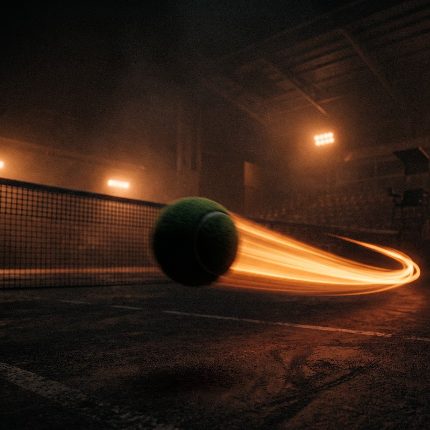 Floodlit tennis court at night with a glowing ball trail